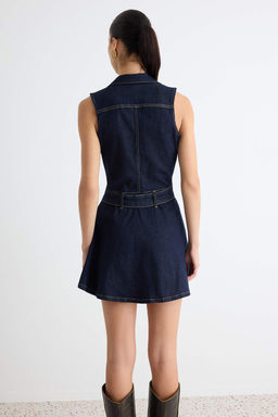 Koyu Mavi G_mlek Yaka Kemer Detayl_ K_sa Denim Elbise TWOAW27EL00031 - Trendyolmilla фото 4