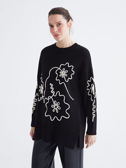 Bisiklet Yaka ?i?ek Nak??l? Kad?n Triko Kazak