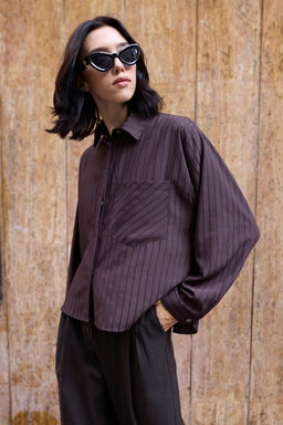 Kahverengi Cizgili Oversize Dokuma Gomlek TWOAW26GO00138 - Trendyolmilla фото 4