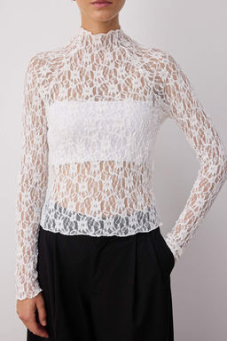 Ekru Fitted/Vucuda Oturan Reglan Kol Dantel Uzun Kollu Esnek Orme Bluz TWOAW26BZ00048