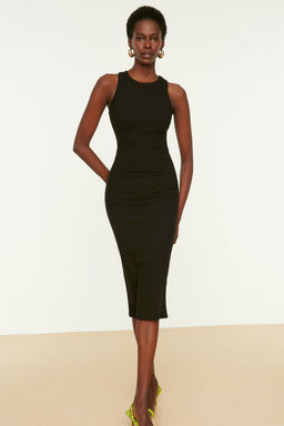 TRENDYOLMILLA Siyah Fitilli Bodycone/Vucuda Oturan Bisiklet Yaka Esnek Midi Orme Kalem Elbise TWOSS22EL1575 фото 4