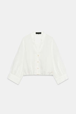 CAMISA GLOBO ALAMARES CON LINO / Blanco