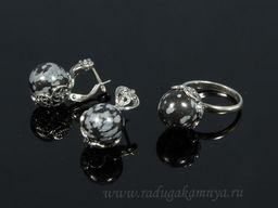 Кольцо Серьги с обсидианом размер 18