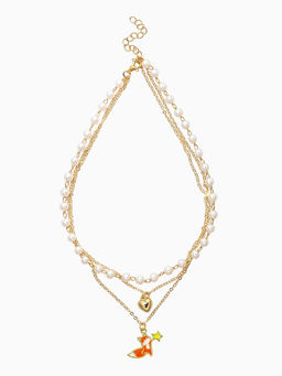 Бусы детские "Выбражулька" 3 нити, лиса, сердце, жемчуг, белые в золоте