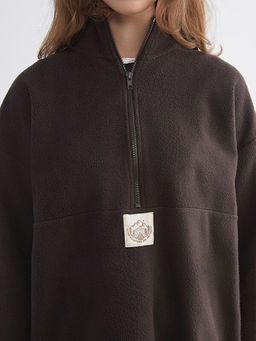 Dik Yaka Bask?l? Polar Kad?n Sweatshirt Tunik