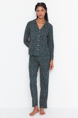 Yesil %100 Pamuklu Leopar Desenli Gomlek Pantolon Orme Pijama Tak?m? THMAW23PT00150