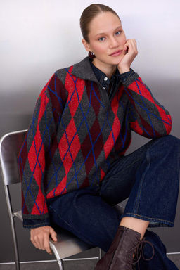 Antrasit Baklava/Ekose Desenli Polo Yaka Triko Kazak TWOAW26KZ00231