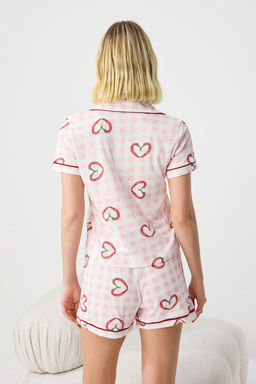 Pembe-Cok Renkli %100 Pamuklu Kalp ve Ekose Desenli Biyeli Orme Pijama Tak?m? THMSS26PT00201