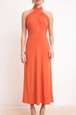 Turuncu Orme Asimetrik Yaka Midi Astarl? Elbise TPRSS26EL00063