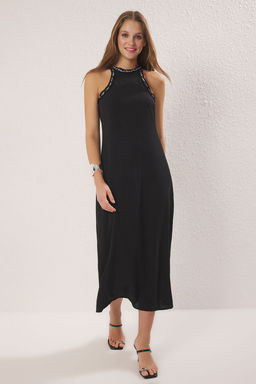 Trendyolmilla Siyah Duz Kesim Aksesuar Detayl? Maxi Dokuma Elbise TWOSS25EL00556