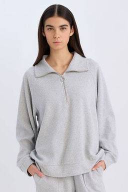 Regular Fit Yar?m Fermuarl? Dik Yaka Basic Duz Sweatshirt