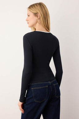 Lacivert Cift Katl? Bisiklet Yaka Fitilli Esnek Orme Bluz TWOAW26BZ00067