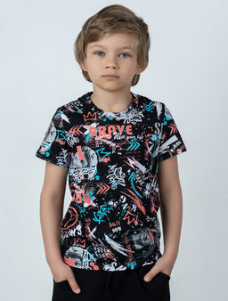 Футболка с воротником, цвет Черный/Морков-Бирюз. Brave,100% х/б