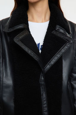 Siyah Regular Kal?p Pelus Detayl? Suni Deri Biker Ceket Mont TWOAW25MO00148