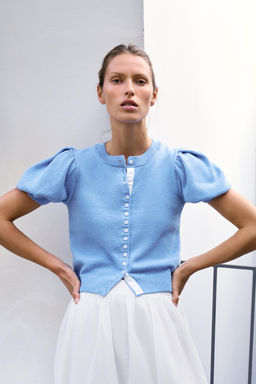 CHAQUETA PUNTO MANGA CORTA ABULLONADA / Azul claro - Zara фото 7