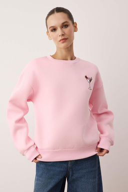 Ac?k Pembe Animal Nak?sl? Regular/Normal Kal?p Kal?n Ici Polarl? Orme Sweatshirt TWOAW24SW00196