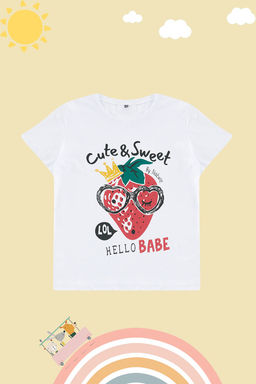 Beyaz K?z Cocuk %100 Pamuk Cilek Desenli Regular/Normal Kal?p K?sa Kol Orme T-Shirt TKDSS24TS00043