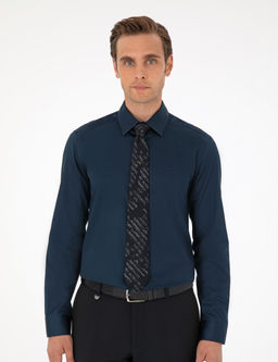Lacivert %100 Pamuk Parlak Saten Slim Fit Uzun Kollu Basic G_mlek