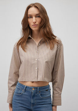 Cizgili Bej Crop Gomlek