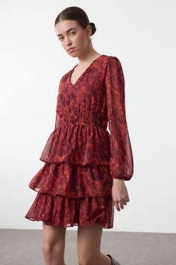 TRENDYOLMILLA Mavi Etnik Desen Skater/Belden Ac?lan Etegi Volanl? Mini Sifon Astarl? Dokuma Elbise TWOAW25EL00271  фото 2