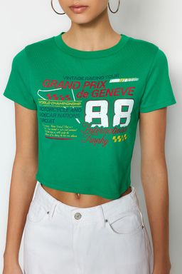TRENDYOLMILLA Antrasit %100 Pamuk Slogan Bask?l? Fitted/Vucuda Oturan Crop Orme T-Shirt TWOSS23TS00319  фото 11