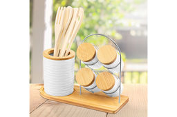 Набор 9 пр.- набор кух. принад. 4 пр. с подставкой+ банки д/хранен. 4 пр. Айсберг волны на дер.под