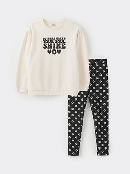 Bisiklet Yaka Bask?l? Uzun Kollu K?z ?ocuk Sweatshirt ve Tayt