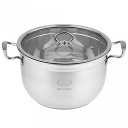 Кастрюля из нержавеющей стали "Аксай" 8л, д27,5см, h17см, s0,35мм, матовая полировка, стеклянная крышка (общая h21см), металлические ручки, с теплораспределительным дном 0,5см, цветная коробка (Китай)