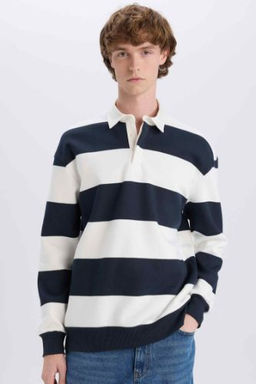 Boxy Fit Polo Yaka Cizgili Sweatshirt
