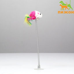 Дразнилка Мышь на присоске, искусственный мех с цветными перьями,24 см, мышь микс цветов