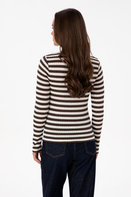 Kad_n Kahverengi _izgili Bisiklet Yaka Sweatshirt