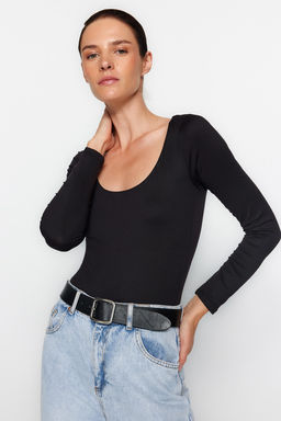 TRENDYOLMILLA Siyah Slim C?tc?tl? Havuz Yaka Uzun Kollu Yumusak Kumasl? Esnek Orme Body TWOAW24BD00031