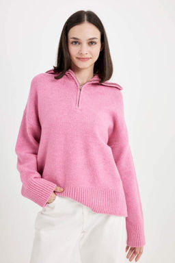 Трикотажный свитер оверсайз с широким кроем и половиной молнии с высоким воротником - Defacto фото 5