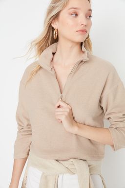 Bej Selanik/Triko Gorunumlu Fermuarl? Yaka Regular/Normal Kal?p Orme Sweatshirt TWOAW22SW0732
