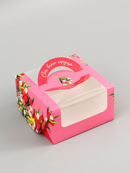 Цена за 5 шт. Коробка под бенто - торт с окном С 8 марта!, 14?14?8 см