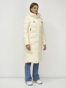 Пальто утепленное стеганное зимнее с капюшоном женское светло-бежевого цвета 9636_1SB - Mtforce фото 9