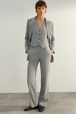 TRENDYOLMILLA Gri Yuksek Bel Straight/Duz Kesim Dokuma Nervurlu Kumas Pantolon TWOAW24PL00148
