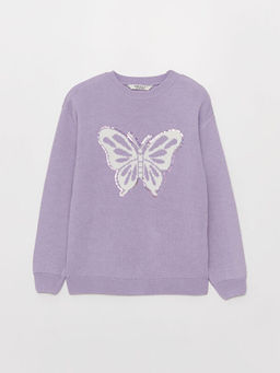 Bisiklet Yaka Desenli Uzun Kollu K?z ?ocuk Triko Kazak