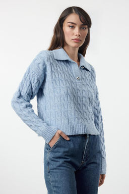 TRENDYOLMILLA Mavi Yumusak Dokulu Simli Triko Kazak TWOAW25KZ00138