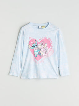 Bisiklet Yaka Stitch ve Angel Bask?l? K?z ?ocuk Pijama ?st