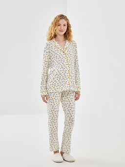 G?mlek Yaka Bask?l? Kad?n Pijama Tak?m?