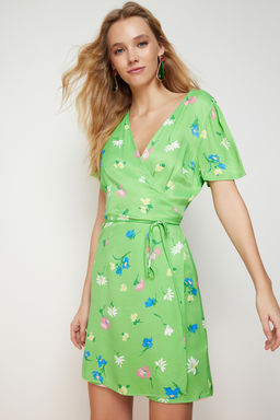 Yesil Cicekli A Kesim Derin V Yaka Saten Mini Dokuma Elbise TWOSS24EL00161