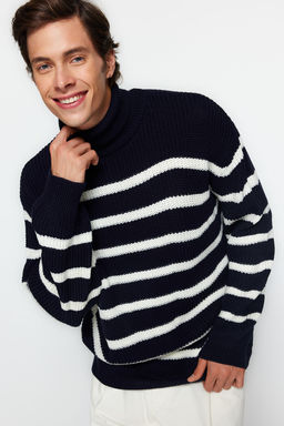 TRENDYOL MAN Lacivert Casual Unisex Oversize Fit Genis Kal?p Cizgili Triko Kazak TMNAW24KZ00017 - Trendyolmilla фото 13