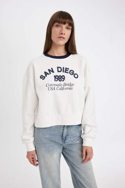 Толстая повседневная толстовка с принтом свободного кроя и круглым вырезом - Defacto фото 4