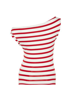 K?rm?z? Cizgili Kay?k Yaka Fitted Viskoz/Yumusak Kumasl? Esnek Orme Bluz TWOSS24BZ00090