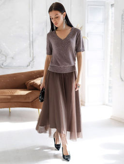 Джемпер с V вырезом и коротким рукавом из хлопковой пряжи с пайетками - Vilatte фото 5