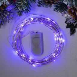 Гирлянда Нить 5 м роса, IP20, серебристая нить, 50 LED, батарейки CR2032?2 (в комплекте), свечение фиолетовое