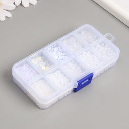 Бисер стекло 8/0, 12/0 в шкатулке «Белый», бусины, стеклярус и пайетки, 13×6.5×2.3 см