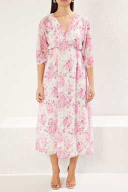 Pembe Soyut Desenli Etegi Belden Ac?lan Maxi Sifon Astarl? Dokuma Elbise TWOSS24EL00611 - Trendyolmilla фото 3