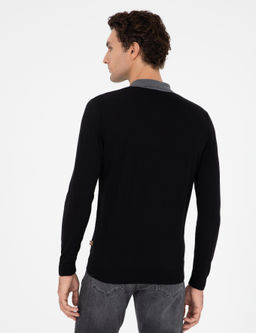 Черный трикотажный свитер приталенного кроя с воротником-поло и молнией - Cacharel фото 5